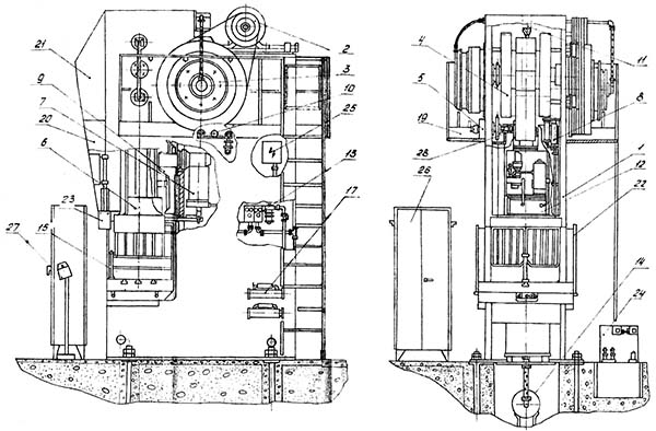 Розташування основних вузлів однокривошипного пресса КД2134 открытого ненаклоняемого пресса